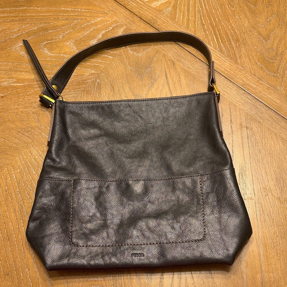 Fossil Black Pebbled Leather Shoulder Bag with Front Stitch Panel